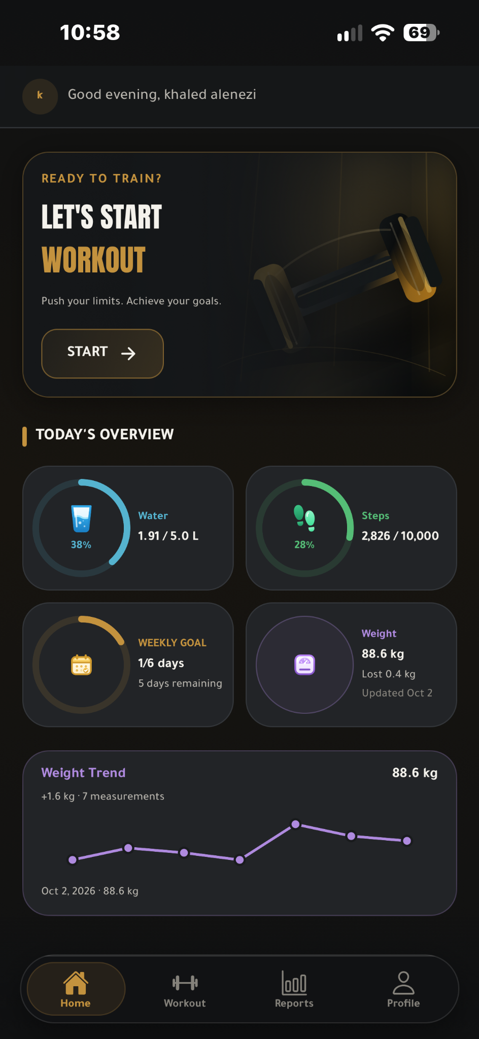 Actual TEEKAFIT Home screen with workout entry, daily overview and Weight Trend.