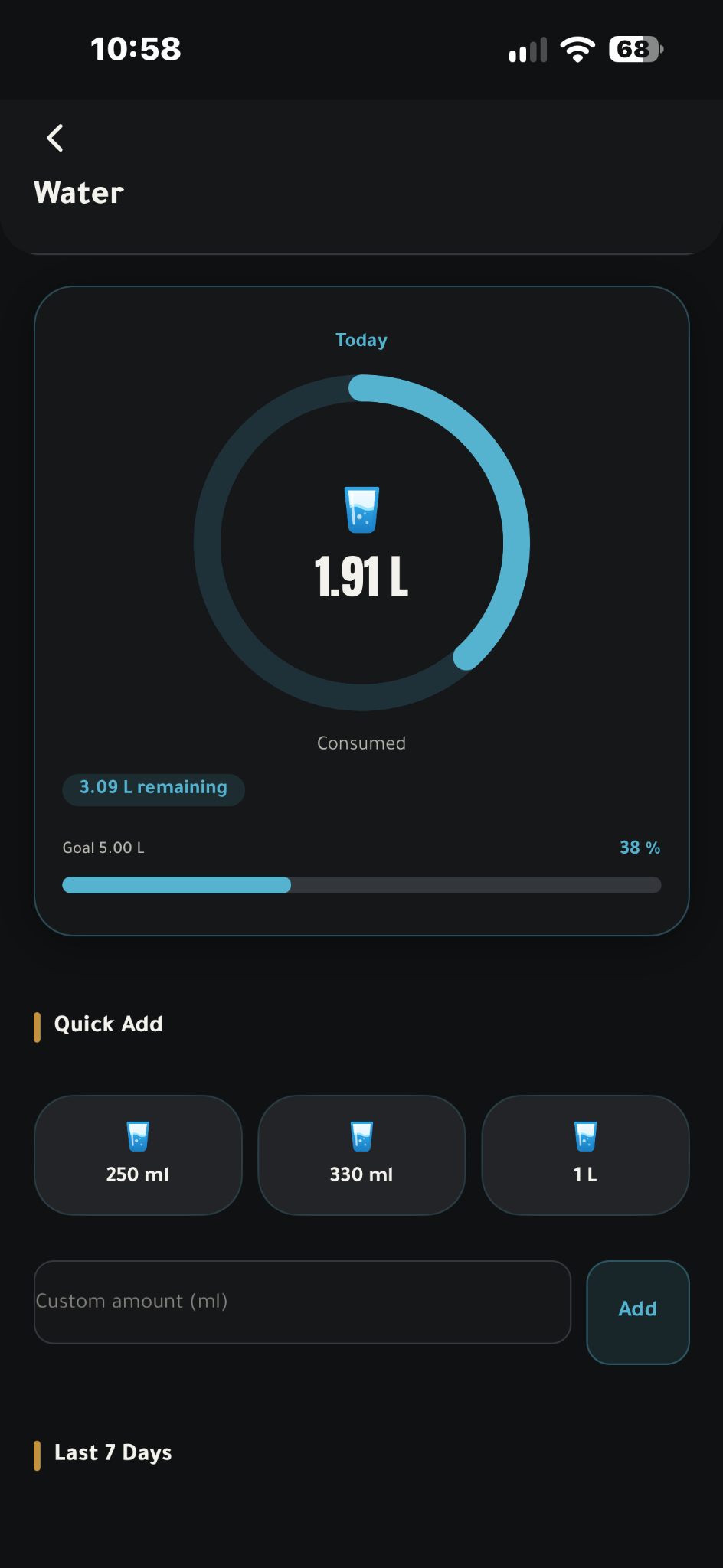 Actual Water screen with daily progress, a configurable water goal and Quick Add controls.